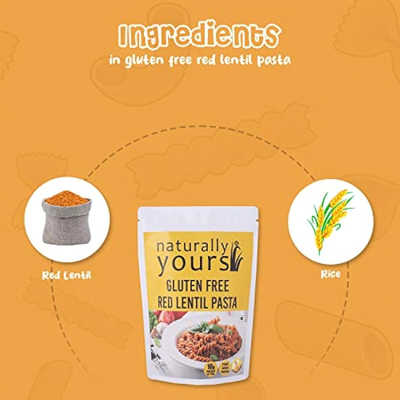 Naturally Yours Pasta Red Lentil Gluten Free | 100% Natural & Vegetarian | Corn Amaranth Bengal Gram Jowar Rice | Easy to Cook & Rich in Fibre | 200g (Pack of 2)